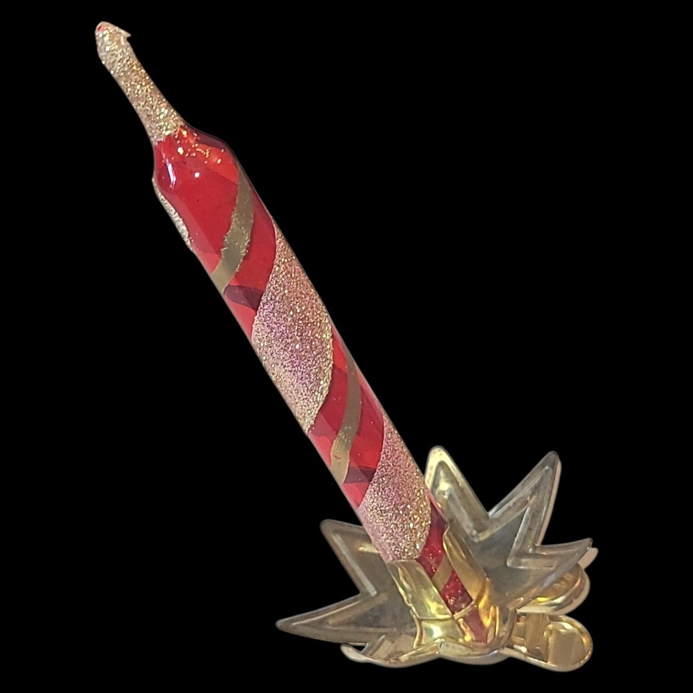 Vintage Italy Glass Candle Clip On Ornament Red Gold Glitter Stripe Christmas